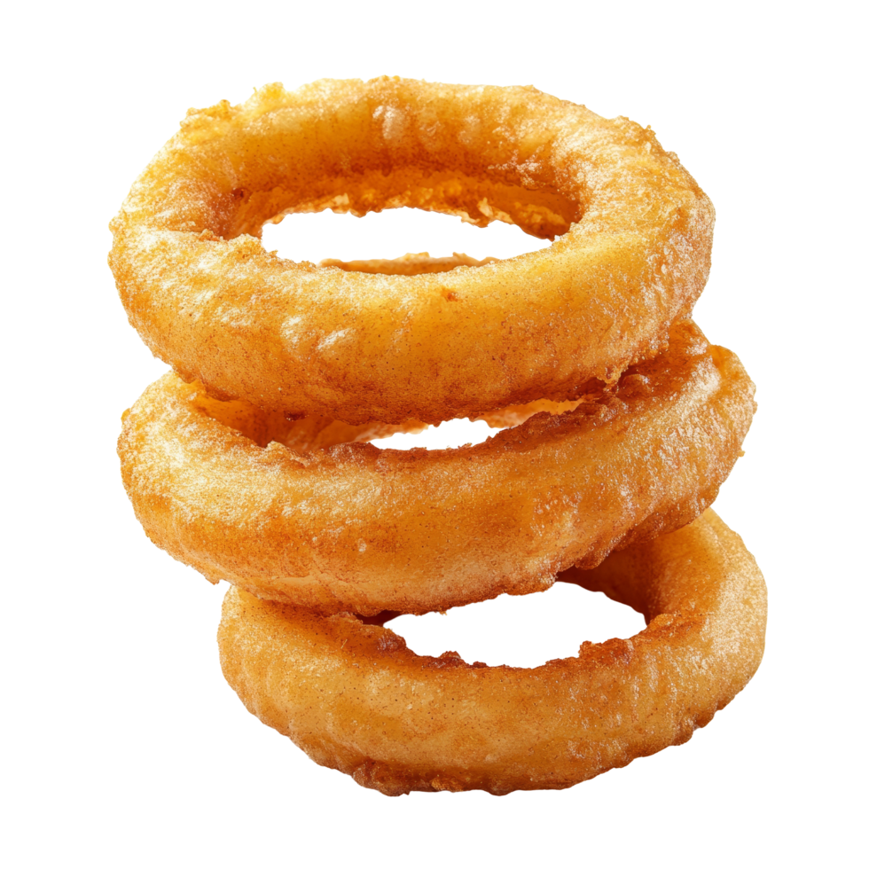 Freshly prepared onion rings stacked on a clean transparent background showcasing crispy texture and golden color, Fresh onion rings food on a transparent background png