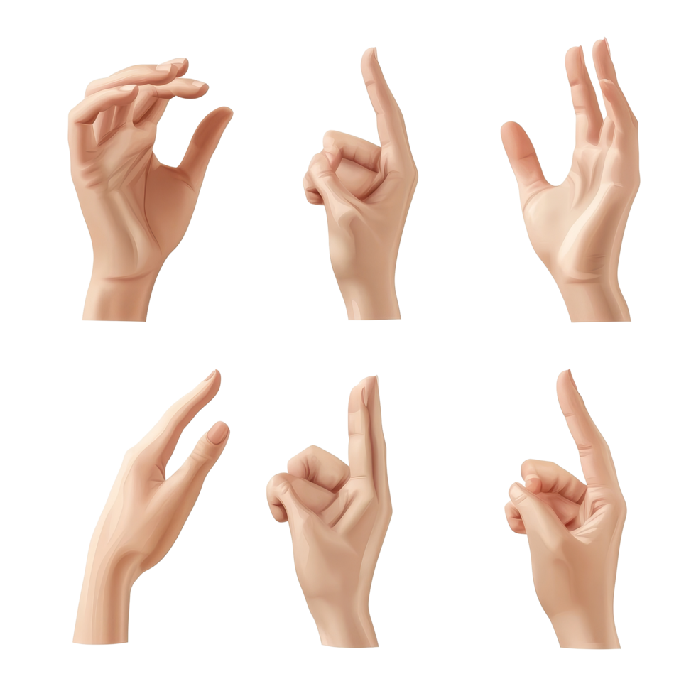 Female hand shows various gestures against a transparent background in a creative presentation, Female hand showing gestures. transparent palm, arm, fingers in various signs. Concept isolated icon. png