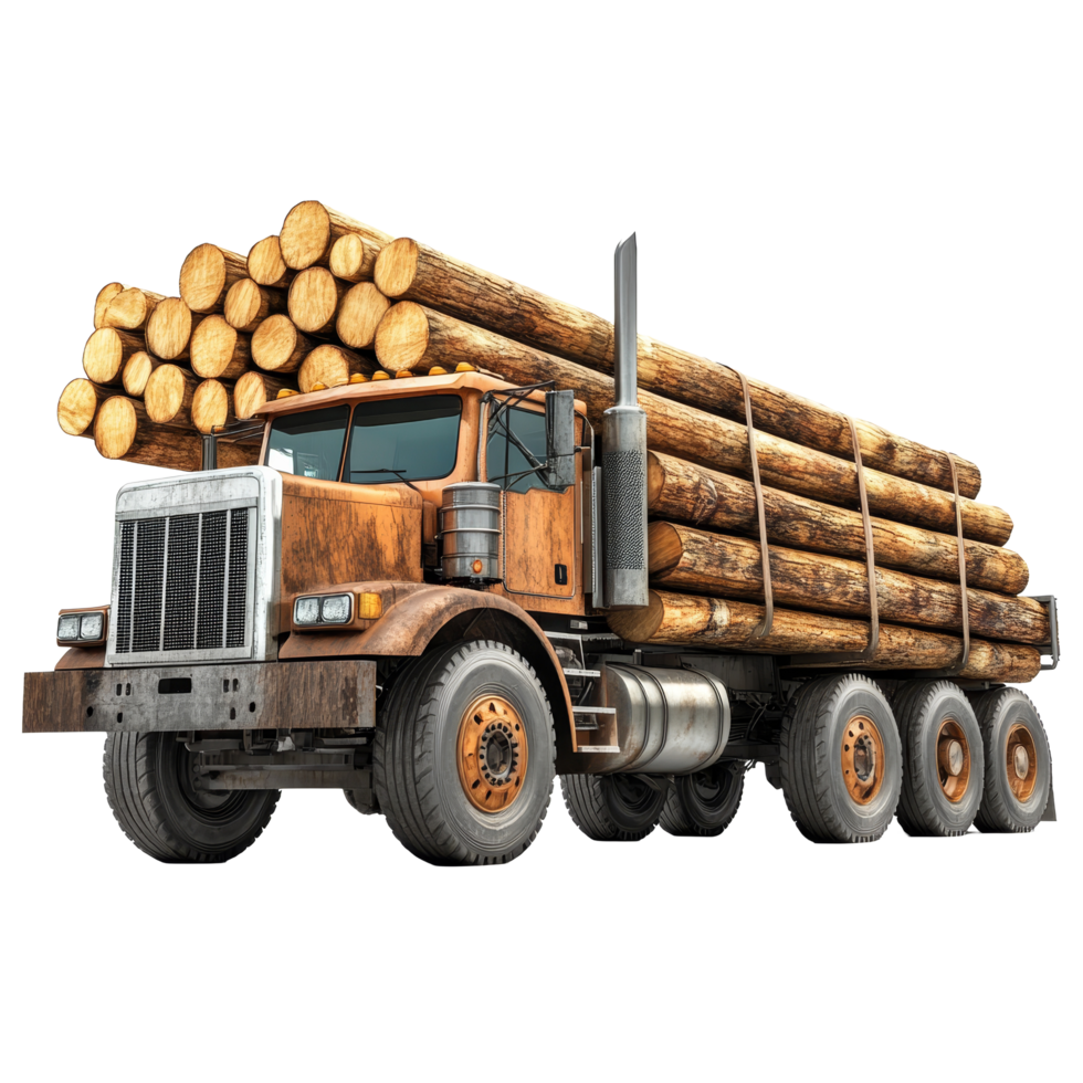 Side view of a logging truck loaded with logs on a rural road in daylight, Side View of Logging Truck, Loaded with Logs, Isolated on transparent background Background png