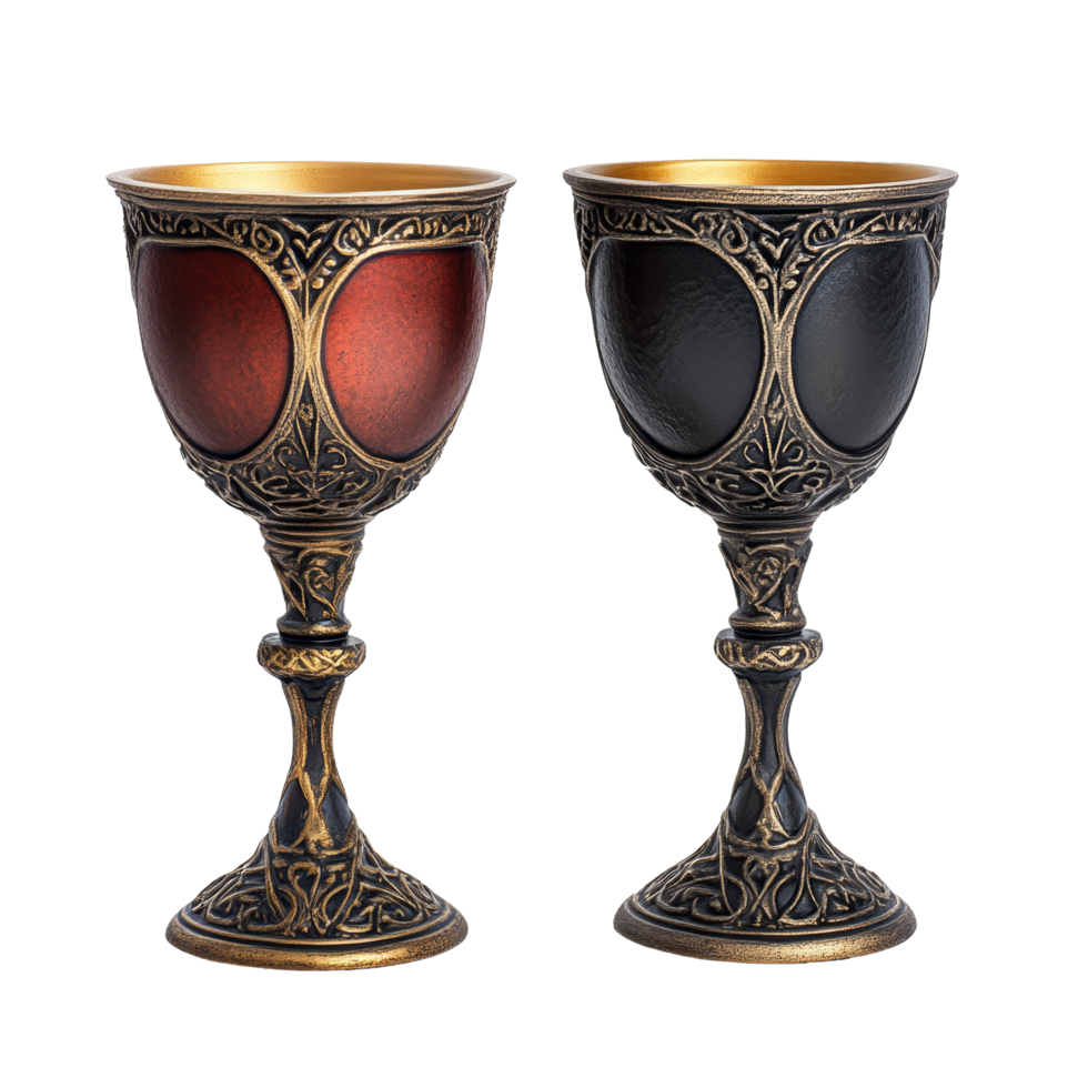 Medieval goblets crafted from metal with intricate designs, showcasing elegance on a transparent background, Medieval Goblets Isolated on transparent background png