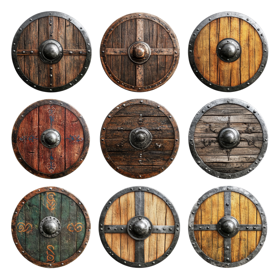 Various Viking medieval shields displayed on a transparent background showcasing craftsmanship and historical significance, Viking Medieval Shields Isolated on transparent background png