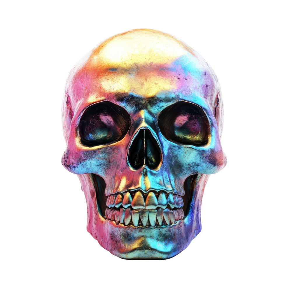 Colorful realistic skull displayed on a transparent background, showcasing vibrant hues and intricate details, Realistic colorful two skulls on transparent background. Skull transparent background png