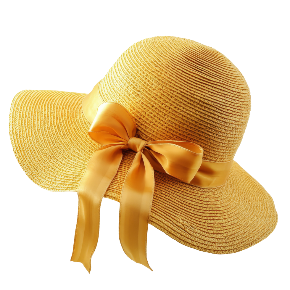 Stylish womens summer straw hat with yellow ribbon suitable for sunny days at the beach or garden parties, Womens summer yellow straw hat with the ribbon, isolated on transparent background png