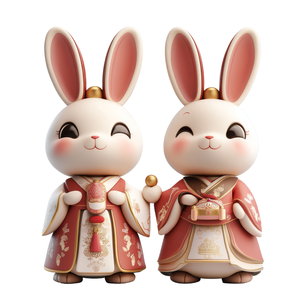 Two adorable cartoon rabbits dressed in traditional Chinese garments with joyful expressions, 3D Adorable Cartoon Rabbits in Traditional Chinese Clothes on transparent background png