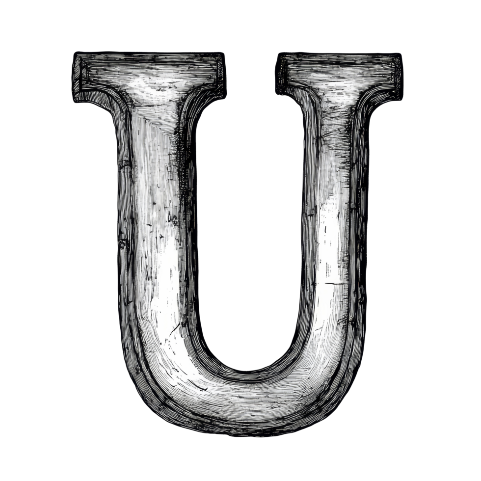 An artistic representation of the consonant letter U crafted in an elegant style against a minimalist transparent background, consonant letter a is used to make words on transparent backgroundfile png