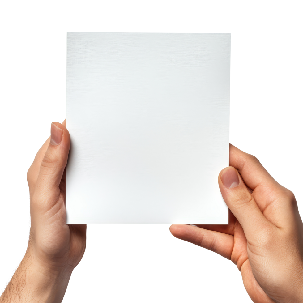 A person holding a blank piece of transparent paper against a plain transparent background in a welllit setting, Hand holding transparent empty paper on transparent backgroundfile png