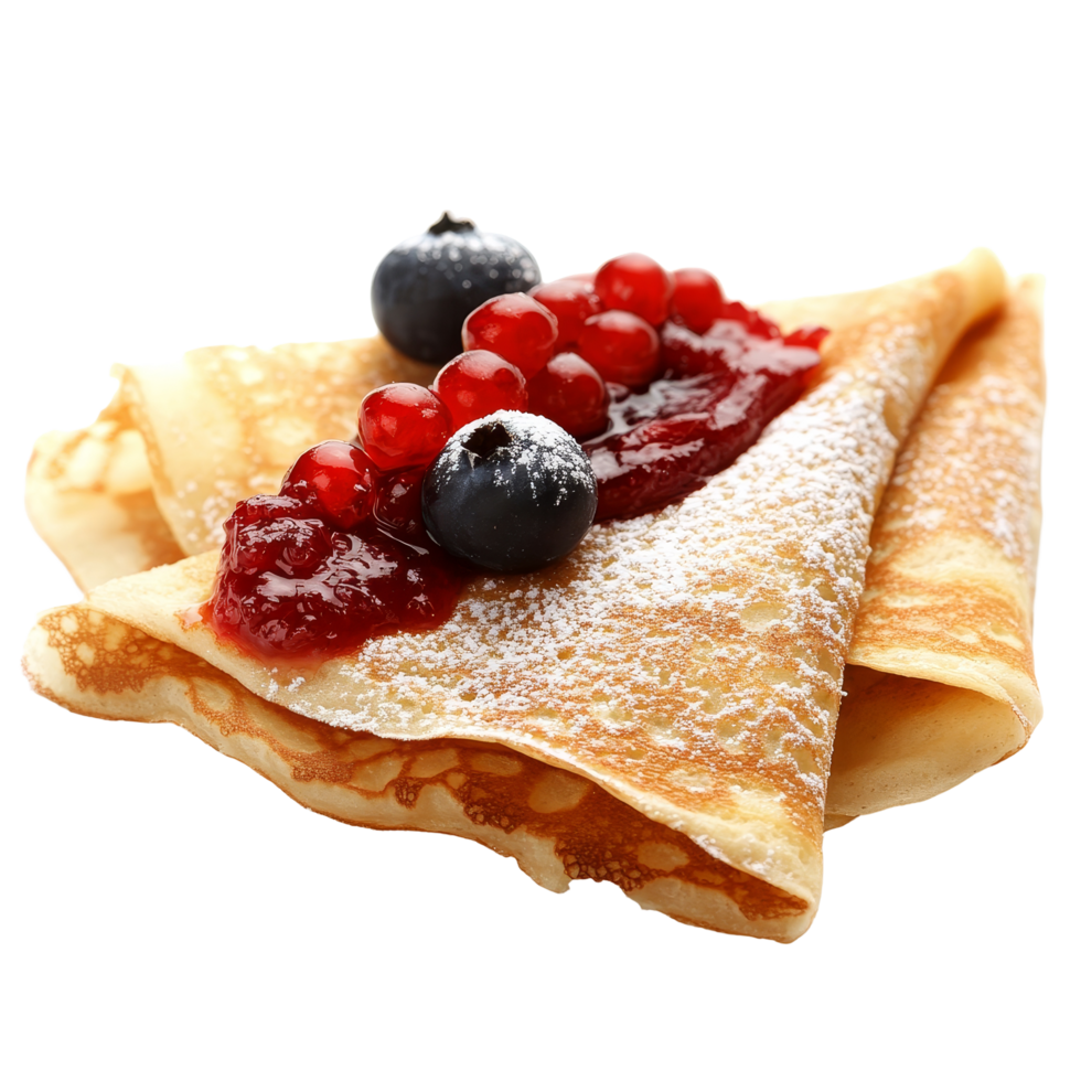Delicious crepes topped with jam, sugared red fruits, and fresh berries served on a transparent plate in a cozy kitchen setting, Crepes with Jam, Sugared, and Red Fruit Toppings on transparent png