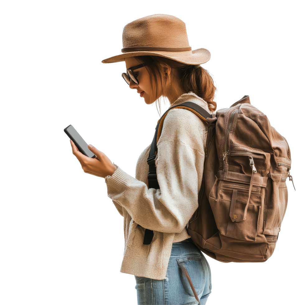 Woman traveling in a stylish hat and backpack while using a mobile device outdoors in a bright setting, file no background Woman traveling and using a smartphone png