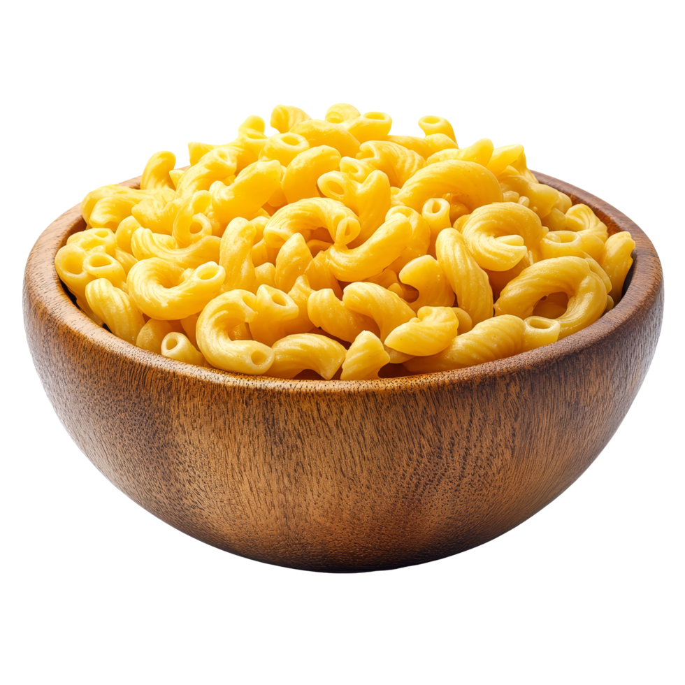 Delicious macaroni in a wooden bowl on a clean transparent background perfect for recipe inspiration or food styling, macaroni in wood bowl on transparent background png