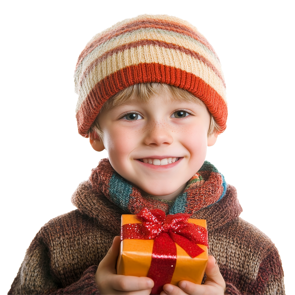 A joyful young boy smiling while holding a colorful gift against a bright transparent background, Happy Young Boy with Gift on transparent background png