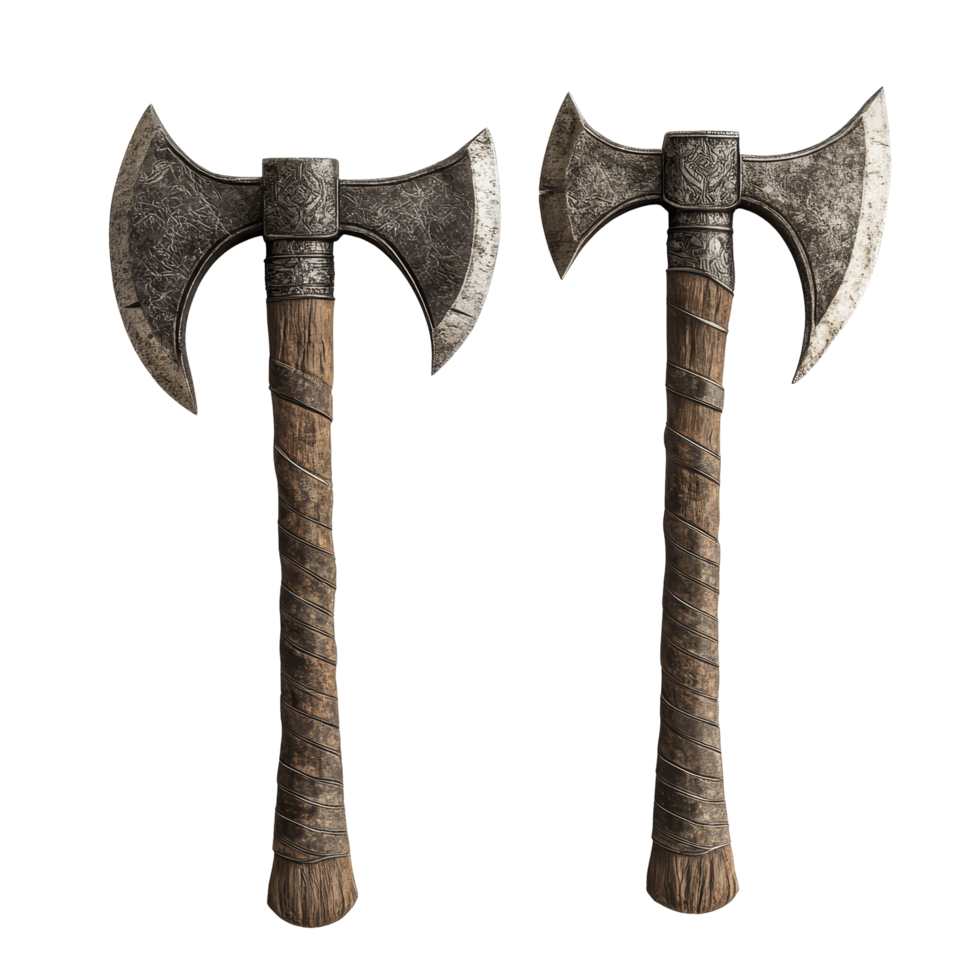 Medieval war axes displayed on a clean transparent background highlighting their intricate designs and historical significance, Medieval War Axes on transparent background png