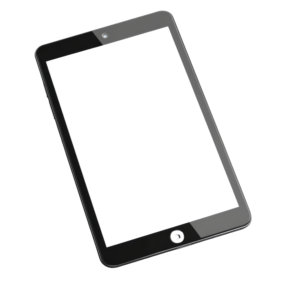 A sleek black tablet with a blank transparent screen isolated on a clean background perfect for showcasing designs or apps, human hand holding tablet with blank display screen isolated on transparent png