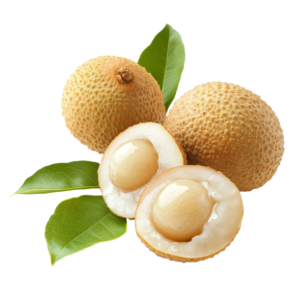 Fresh longan fruit with green leaves arranged on a transparent background displaying its natural beauty and texture, fresh longan with leaf on transparent background png