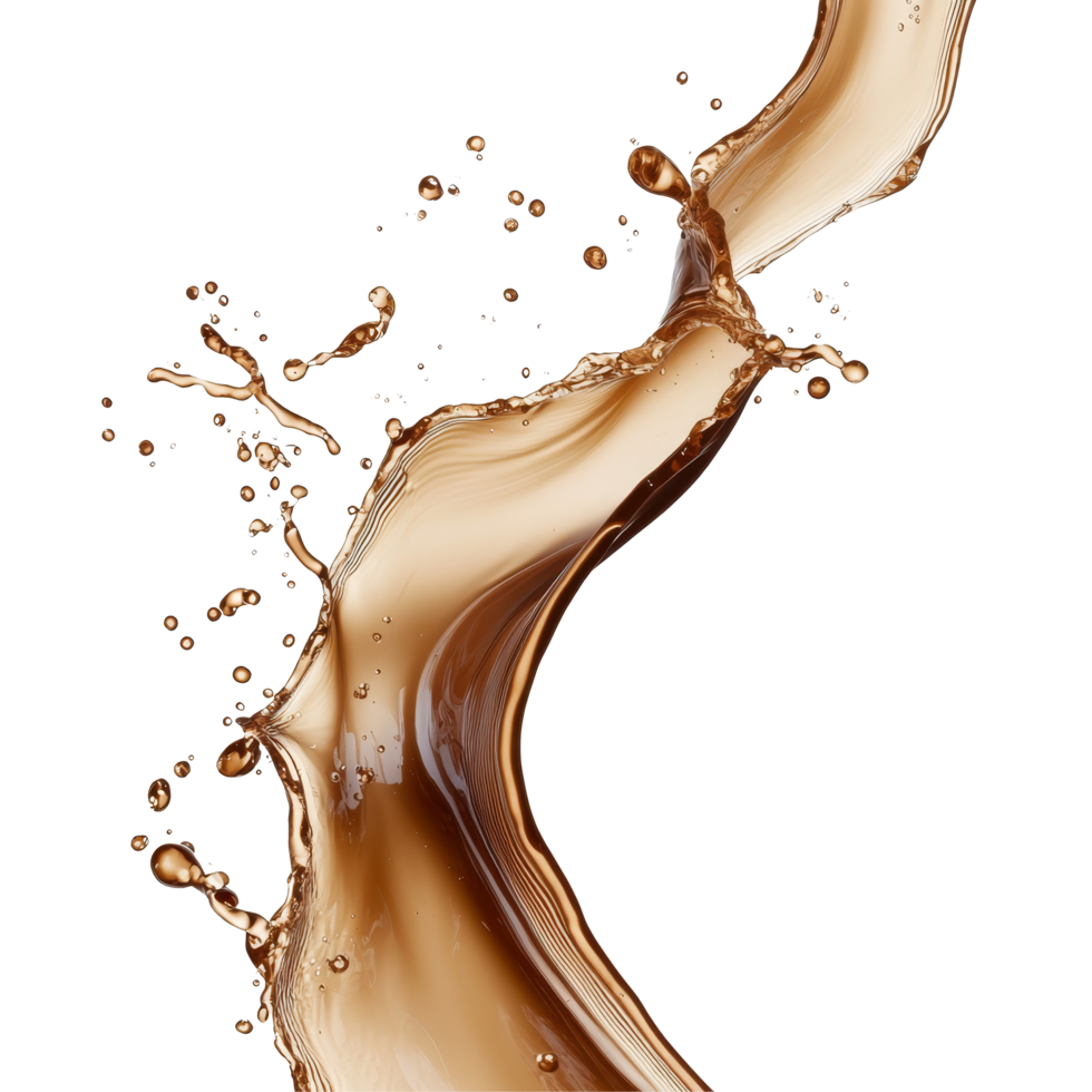 A graceful splash of brown liquid flowing in the air against a transparent background at a moment of artistic motion, brown liquid splash wave flowing in air isolated on transparent background png