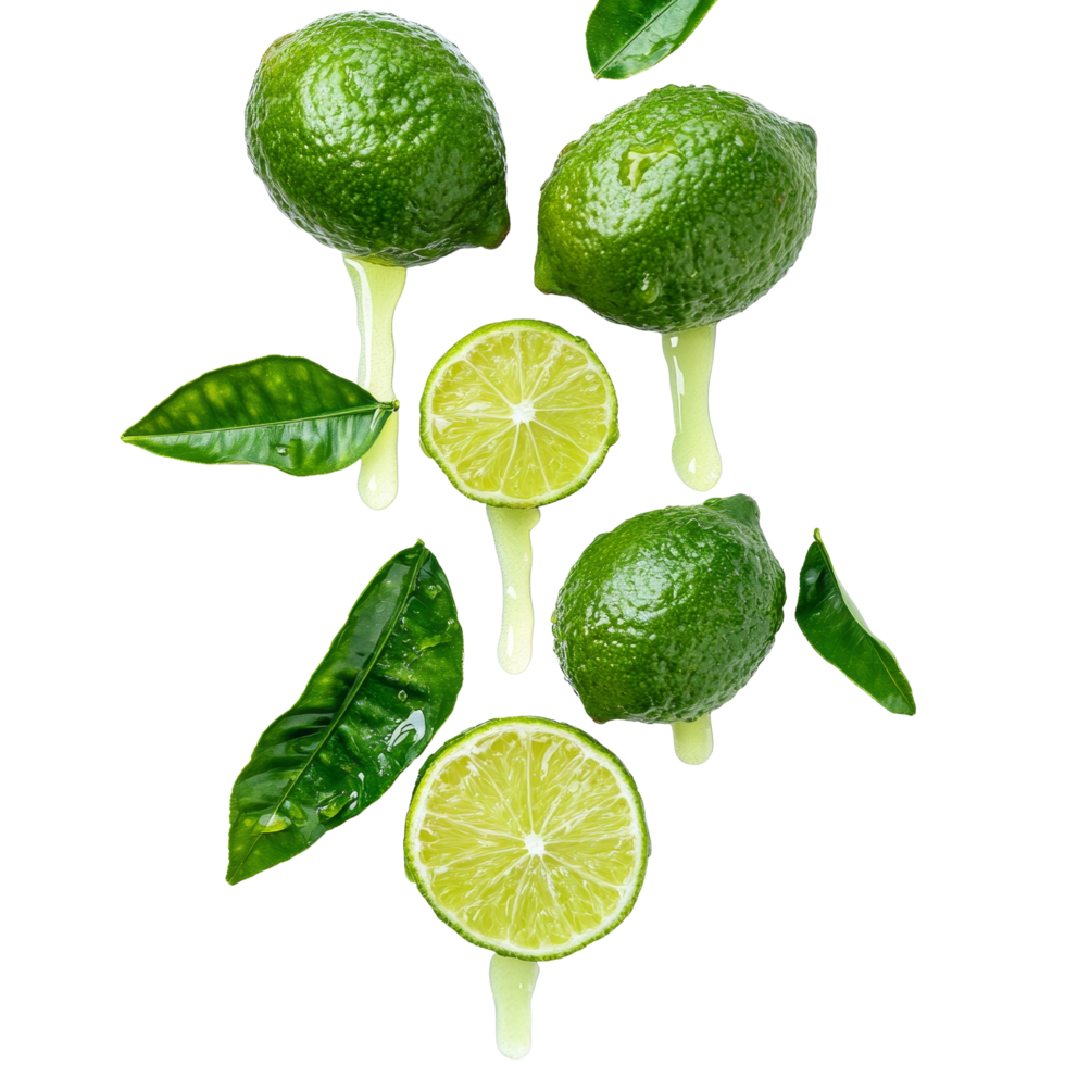 Fresh bergamot limes with juice dripping alongside green leaves on a transparent background, bergamot or Thai lime with juice dripping on transparent background png