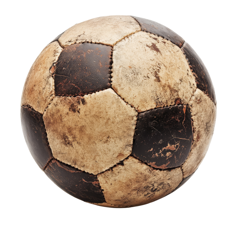 An old, weathered soccer ball resting on a transparent background, showcasing years of play and history in the sport, Old soccer ball on transparent background png