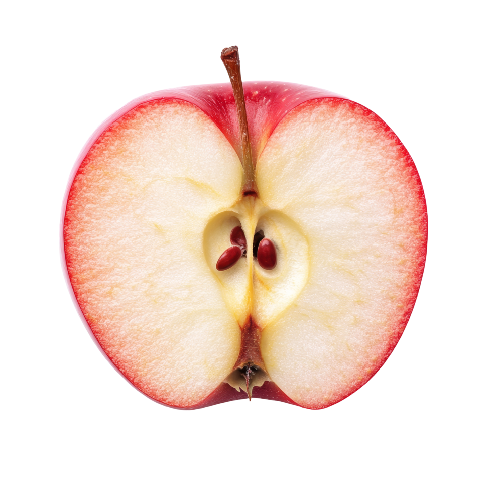 Half of a fresh red apple showcasing its juicy interior and seeds on a plain transparent background, Half of red apple isolated png