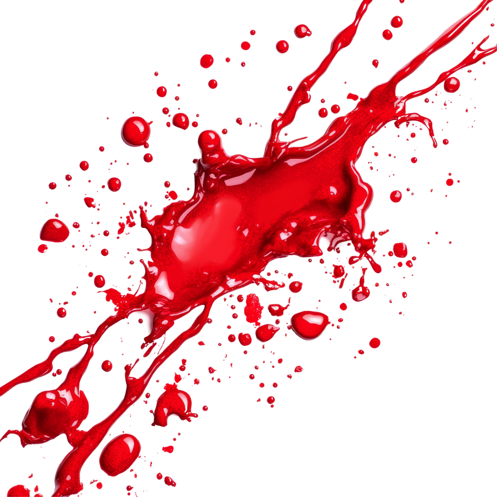 Dynamic red blood splashes on a stark transparent background creating a striking visual contrast and dramatic effect, Red Blood Splashes on transparent background png