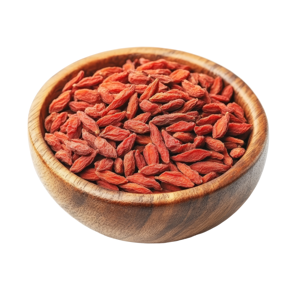 Dried goji berries in a wooden bowl on a transparent background for healthy eating and wellness, dried goji berries in wood bowl transparent background png