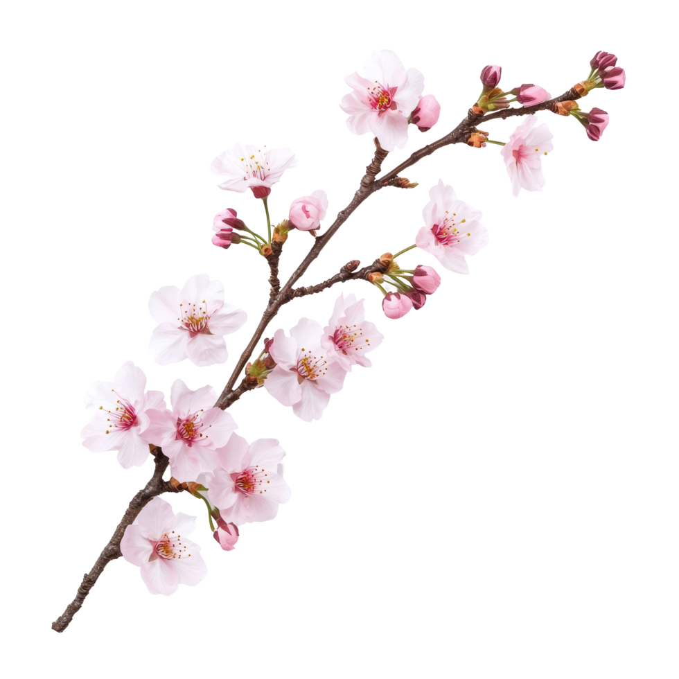 Delicate cherry blossom branch with pink flowers on a transparent background, showcasing spring beauty and natures charm, sakura tree branch flower isolated on transparent background png