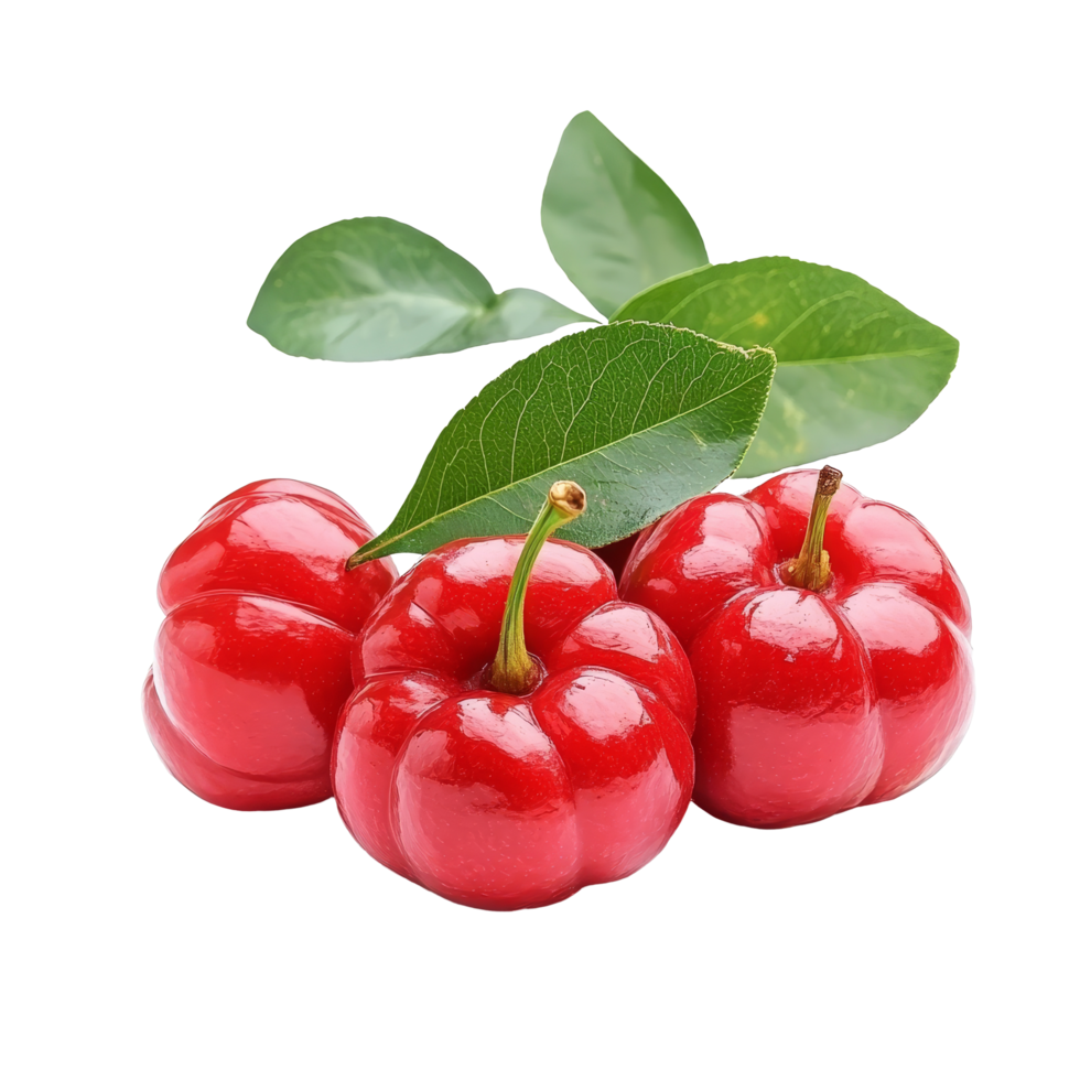 Fresh acerola cherries with green leaves on a clean transparent background ready for presentation, Acerola cherry on transparent background png