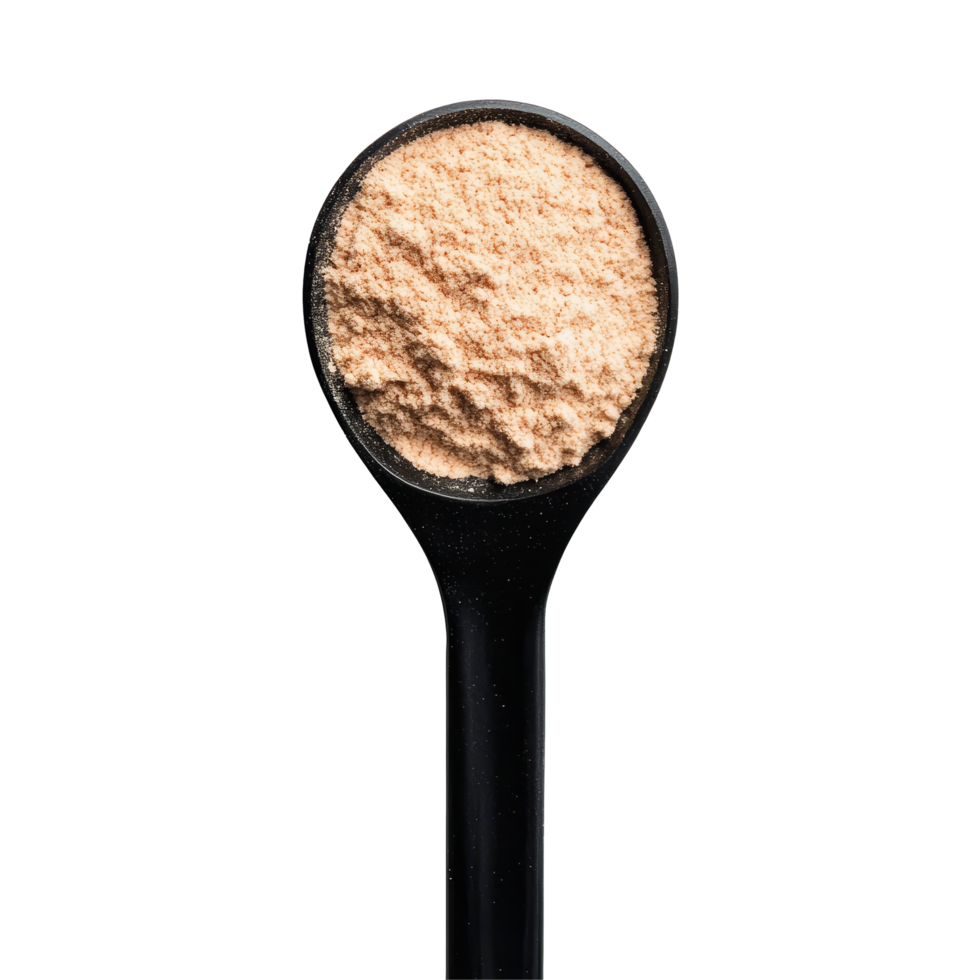 Scoop of whey protein powder on a clean transparent background for nutritional supplementation and fitness goals, whey protein in scoop on transparent background png