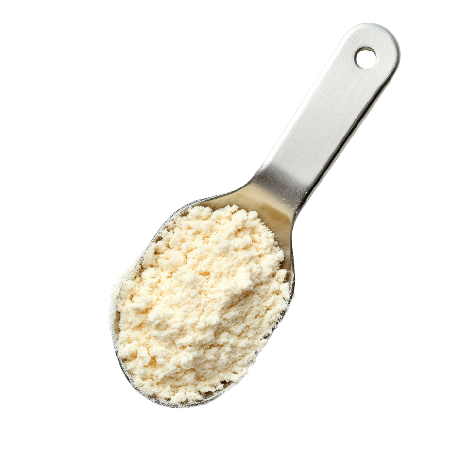 A metallic scoop filled with whey protein powder on a clean transparent background ready for use in fitness nutrition, whey protein in scoop on transparent background png
