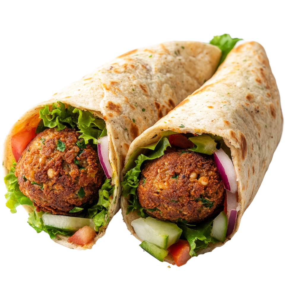 Fresh falafel wrap filled with lettuce, tomatoes, and cucumbers on a transparent background, perfect for a quick meal, Fresh falafel wrap on a transparent background png