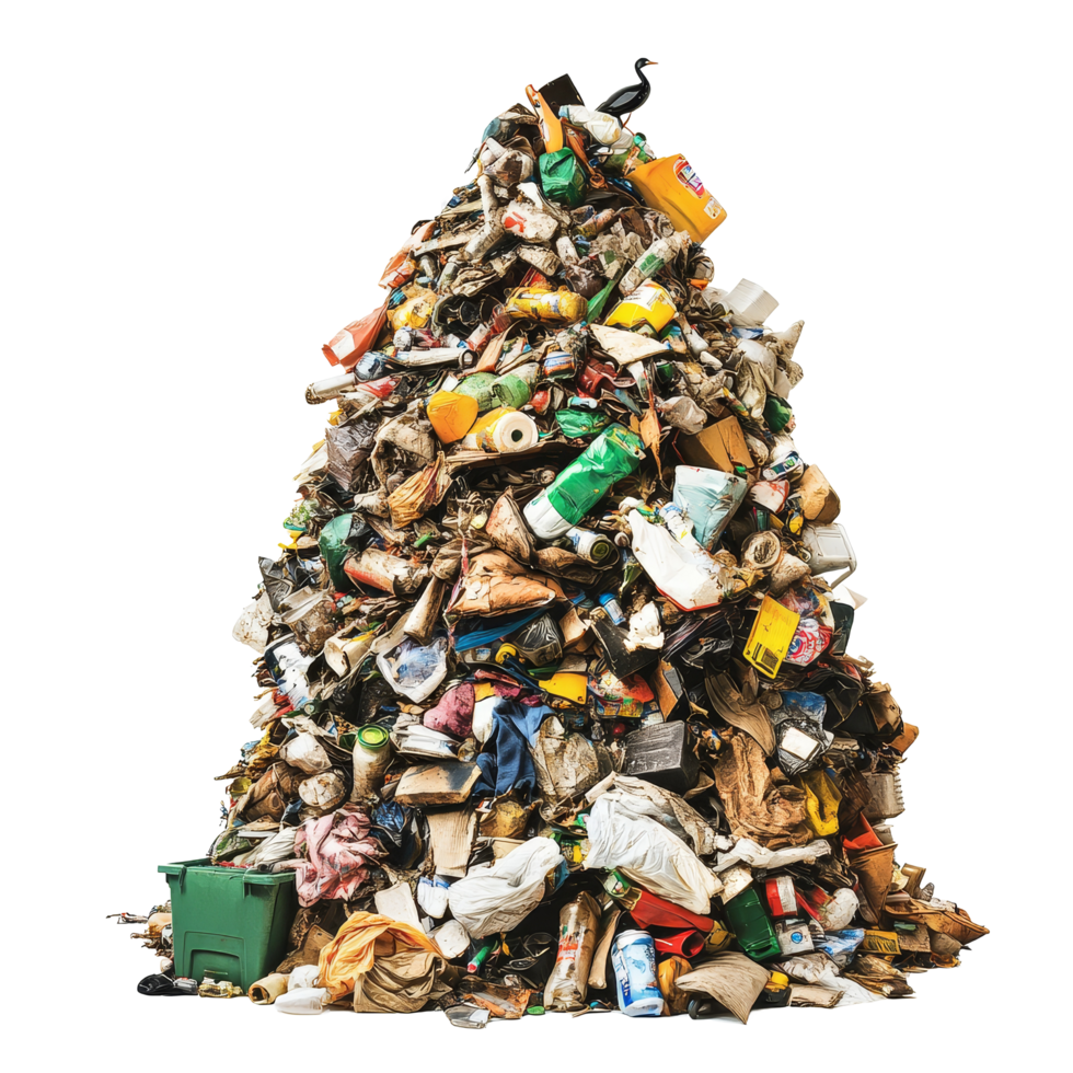 A towering pile of trash junk isolated against a transparent background revealing the consequences of waste accumulation, towering pile of trash junk isolated on transparent background png