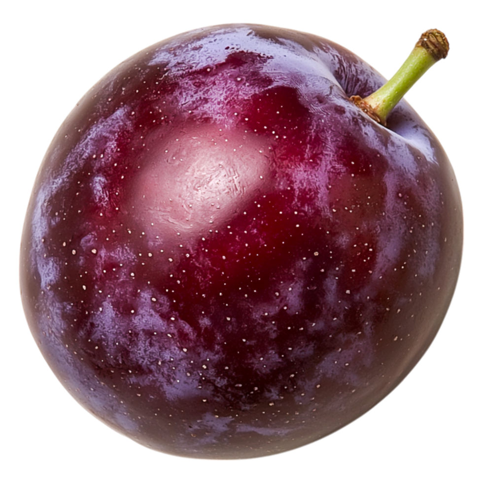 Fresh and Juicy Purple Plum with Glossy Skin and Green Stem png