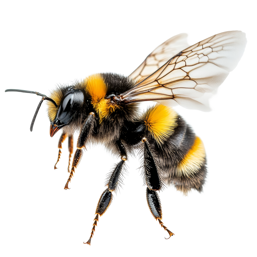 A stunning bumblebee in midflight captured in a macro shot with detailed features, a stunning bumblebee is flying, macro shotisolated transparent background png