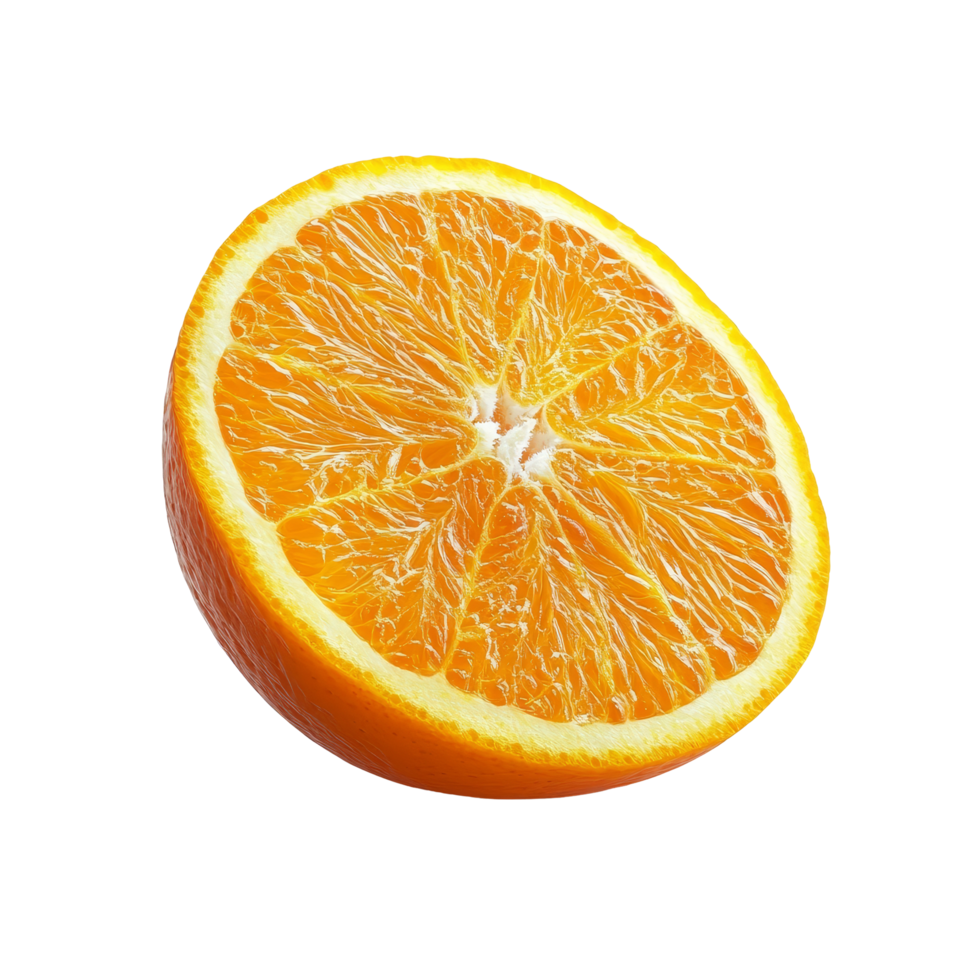 A ripe half orange citrus fruit on a clean transparent background showcasing its vibrant color, Ripe half of orange citrus fruit on transparent background png
