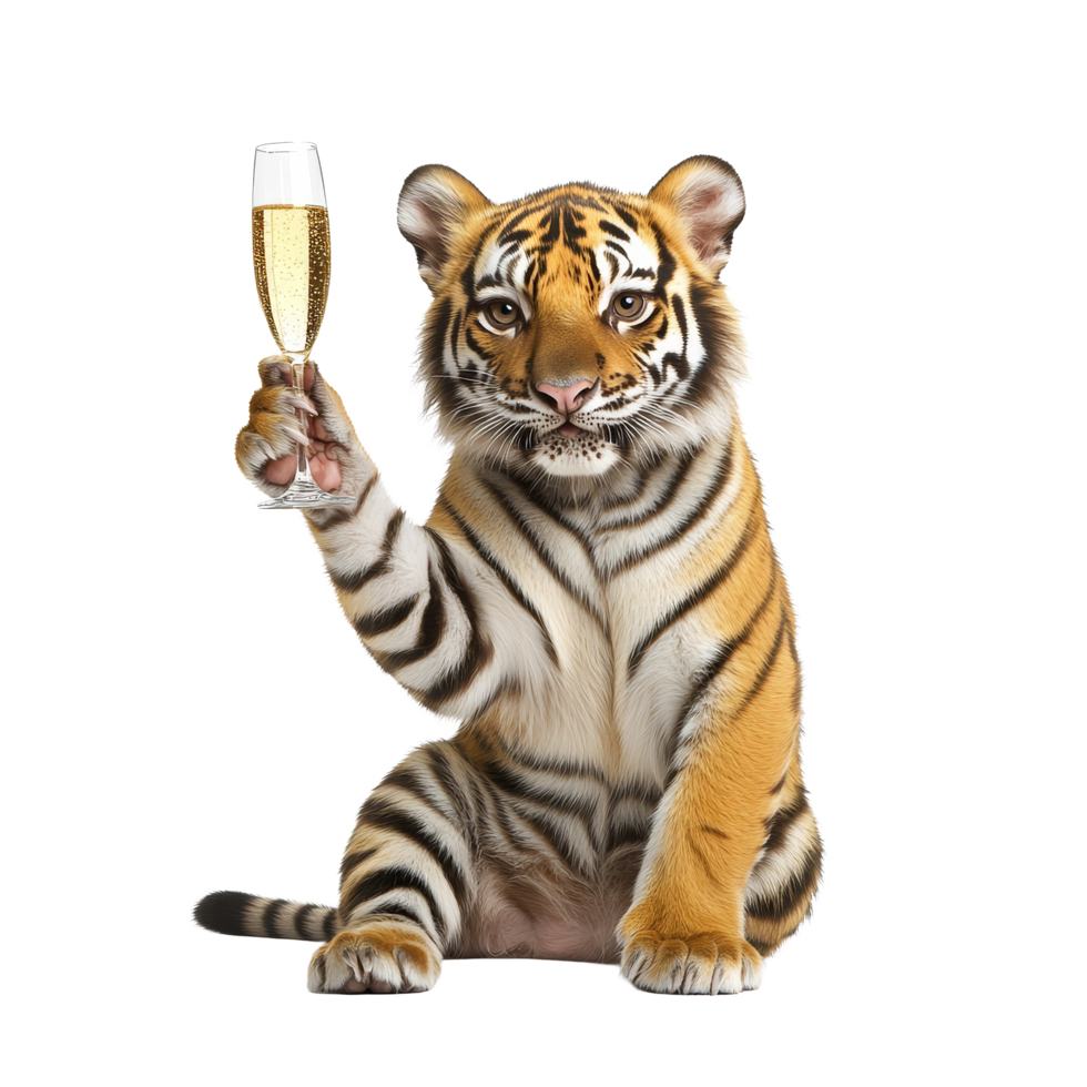 A humorous tiger joyfully holding a champagne glass against a plain transparent background, celebrating in style, Funny Tiger Holding Champagne Glass On transparent background Celebration Concept png