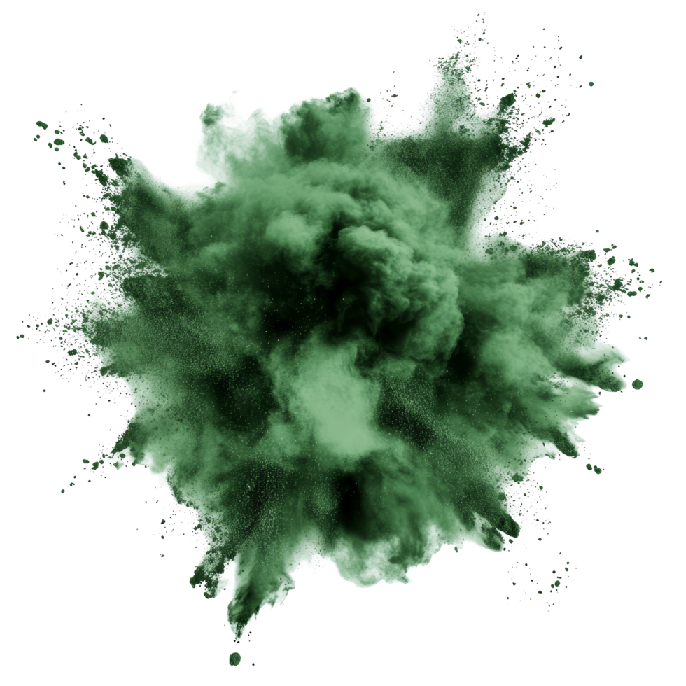 Green powder explosion isolated on transparent background, creating a dynamic visual effect in a vibrant display, green powder pulver explosion isolated on transparent background png