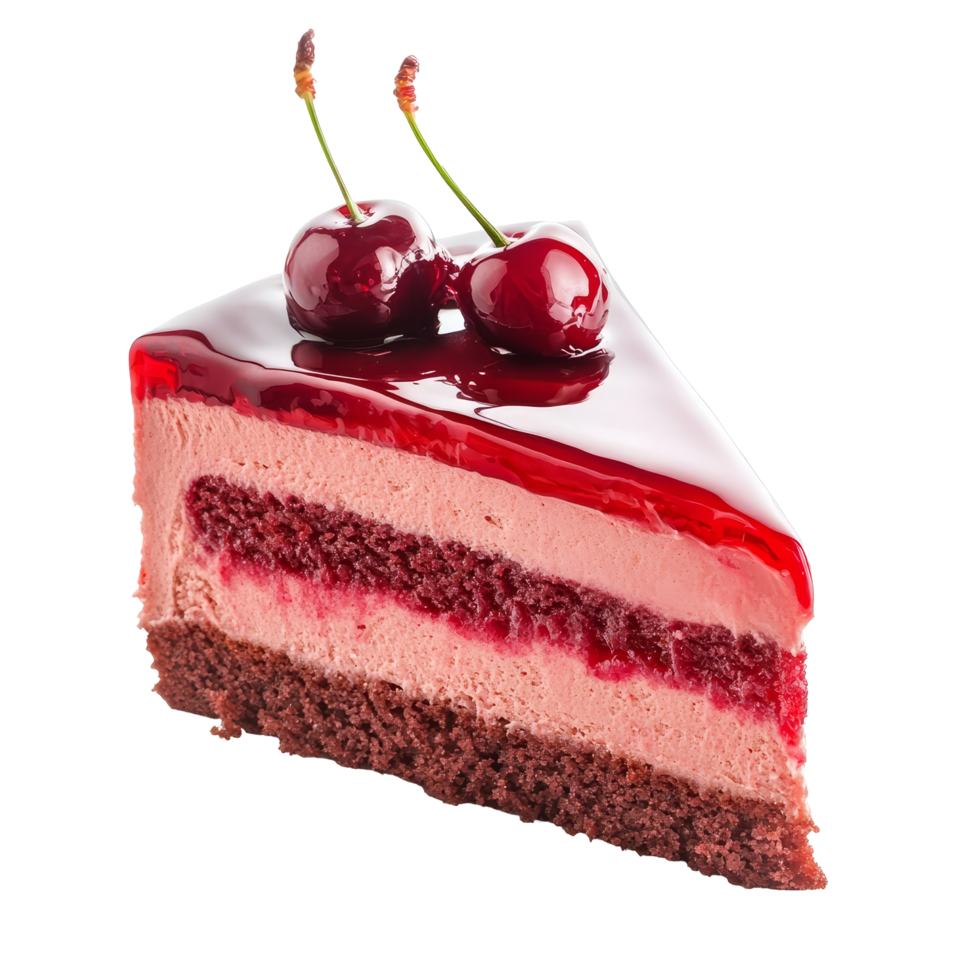 Delicious slice of cherry cake with glossy glaze and fresh cherries on a pristine transparent background, piece of cherry cake isolated on transparent background png