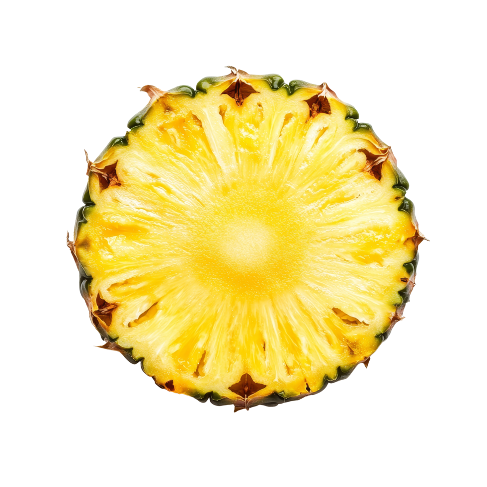 Fresh pineapple slice on a transparent background showcasing its vibrant yellow interior and textured exterior, Pineapple slice isolated on transparent background png