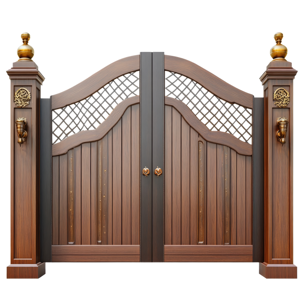 Elegant wooden gate design with intricate details against a plain transparent background, Luxury beautiful wooden gate on a transparent background png