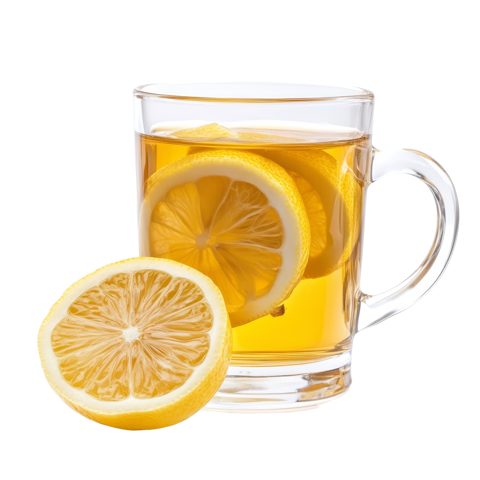 Refreshing glass of lemon tea with sliced lemons on a transparent background perfect for a sunny day, glass of lemon tea on transparent background png