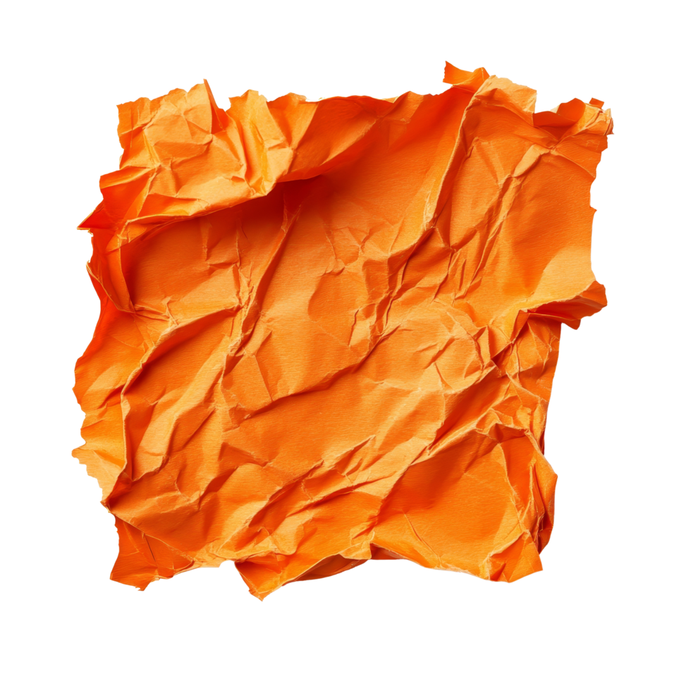 Crumpled orange paper with torn edges isolated on a clean transparent background, perfect for creative projects and design elements, Crumpled Orange Paper with Torn Edges Isolated on transparent png