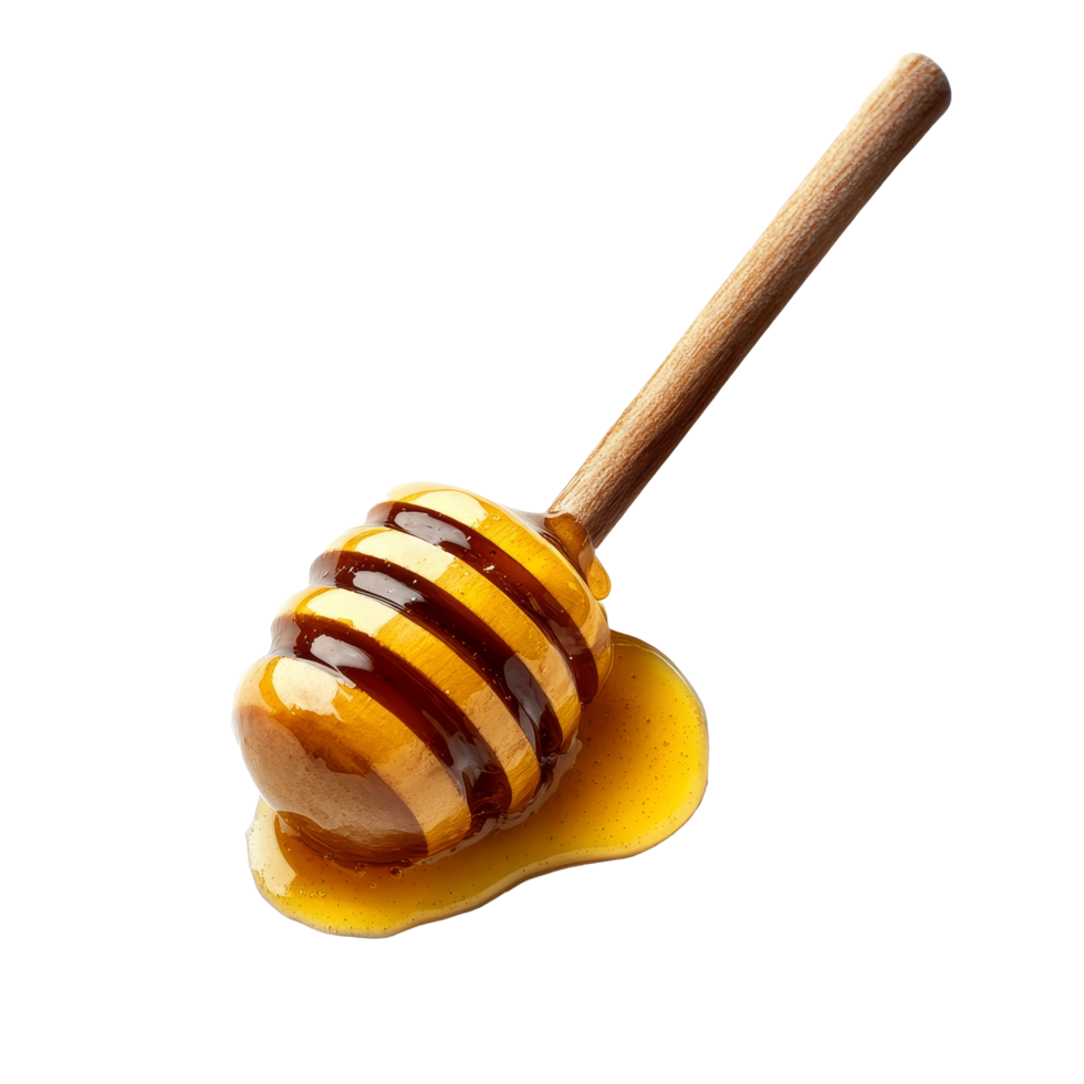 A honey dipper dripping golden honey on a transparent background in a closeup view showcasing its texture and shine, honey dipper isolated on transparent backgroundfile png