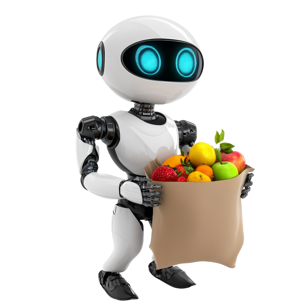 Grocery shopping robot holds a bag of fresh fruits in a bright and clean environment, Grocery Shopping Robot with Bag of Fruits On transparent background png