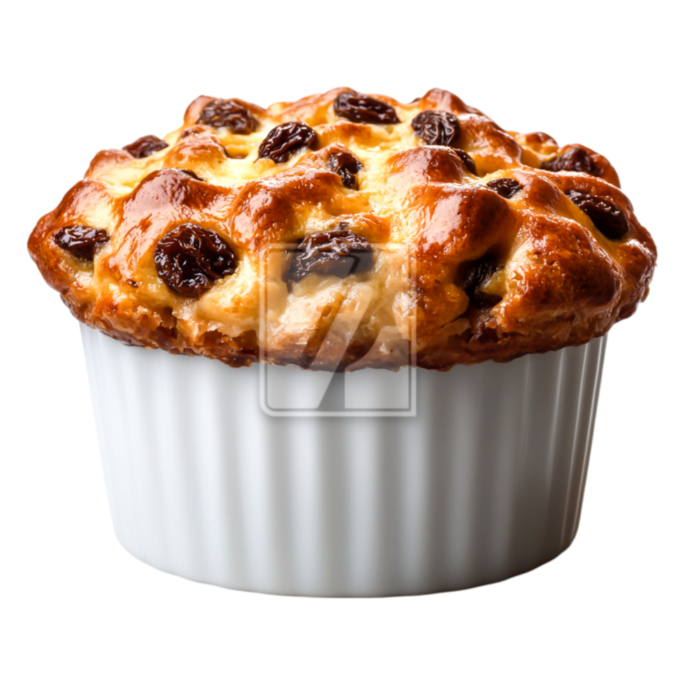 Delicious Freshly Baked Raisin Bread Pudding in White Dish png