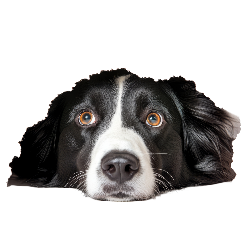 A Border Collie peeks out with curiosity, hiding behind a torn surface in an isolated setting, Border Collie Hiding and Sneaking Head Out Isolated on transparent background png