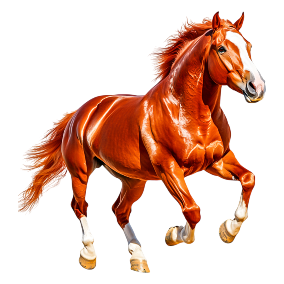 Majestic chestnut horse in dynamic running pose with vibrant coat png
