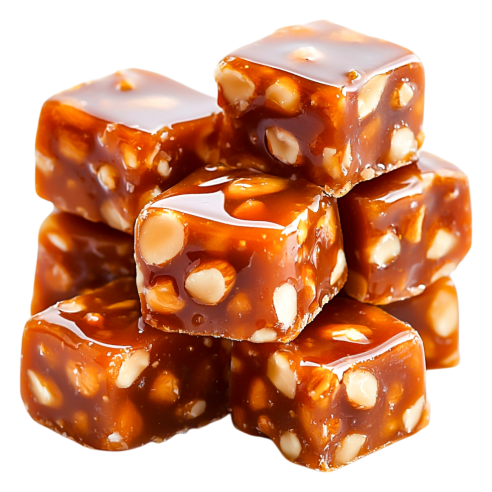 closeup of Delicious Caramel Candies with Nuts in a Stack png