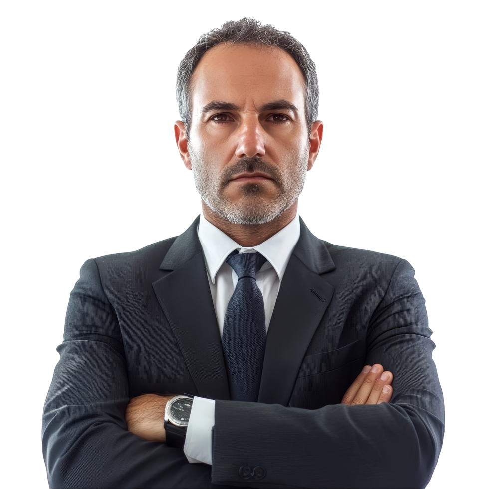 Confident midaged businessman standing with arms crossed against a transparent background showcasing professionalism, midaged business man isolated on transparent background png