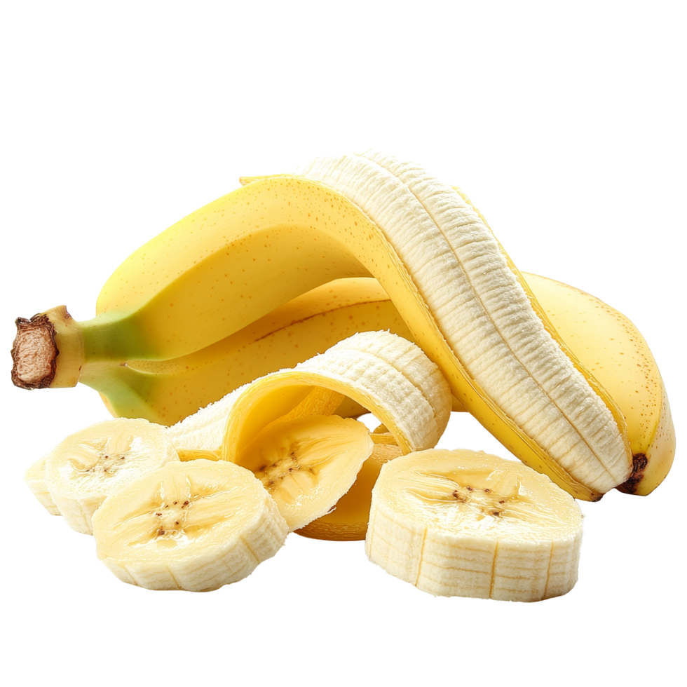Sliced peeled banana showcasing smooth texture and bright color on a clean transparent background, sliced peeled banana in transparent background png