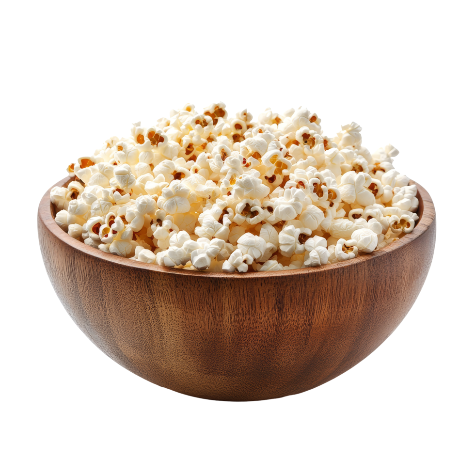 Freshly popped popcorn in a wooden bowl on a clean transparent surface ready for a movie night or snack time, Popcorn in a wood bowl on transparent background png