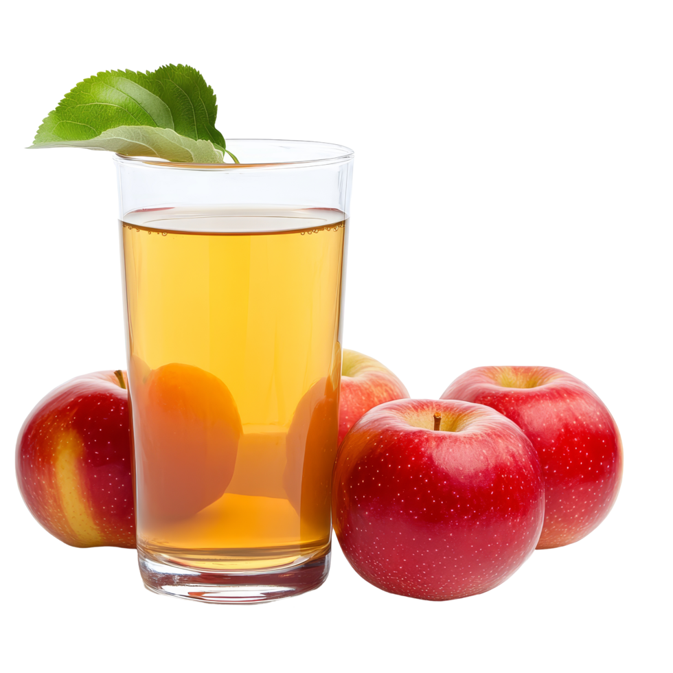 A refreshing glass of apple juice with fresh red apples surrounded by a clean transparent background, A glass of apple juice with red apples isolated png