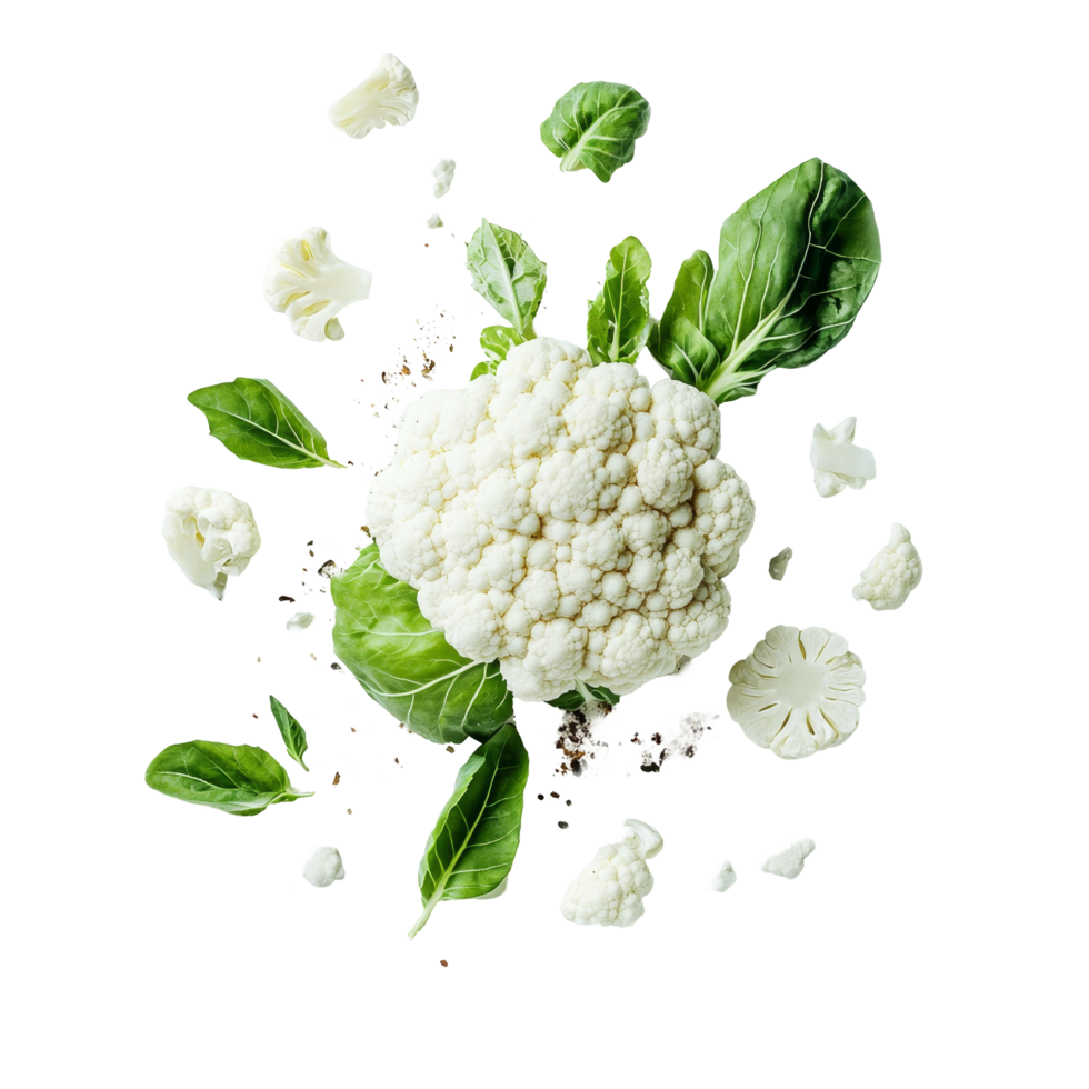 Fresh cauliflower surrounded by leafy greens and florets on a smooth transparent background showcasing vibrant colors and textures, Cauliflower vegetable food ingridient transparent background png
